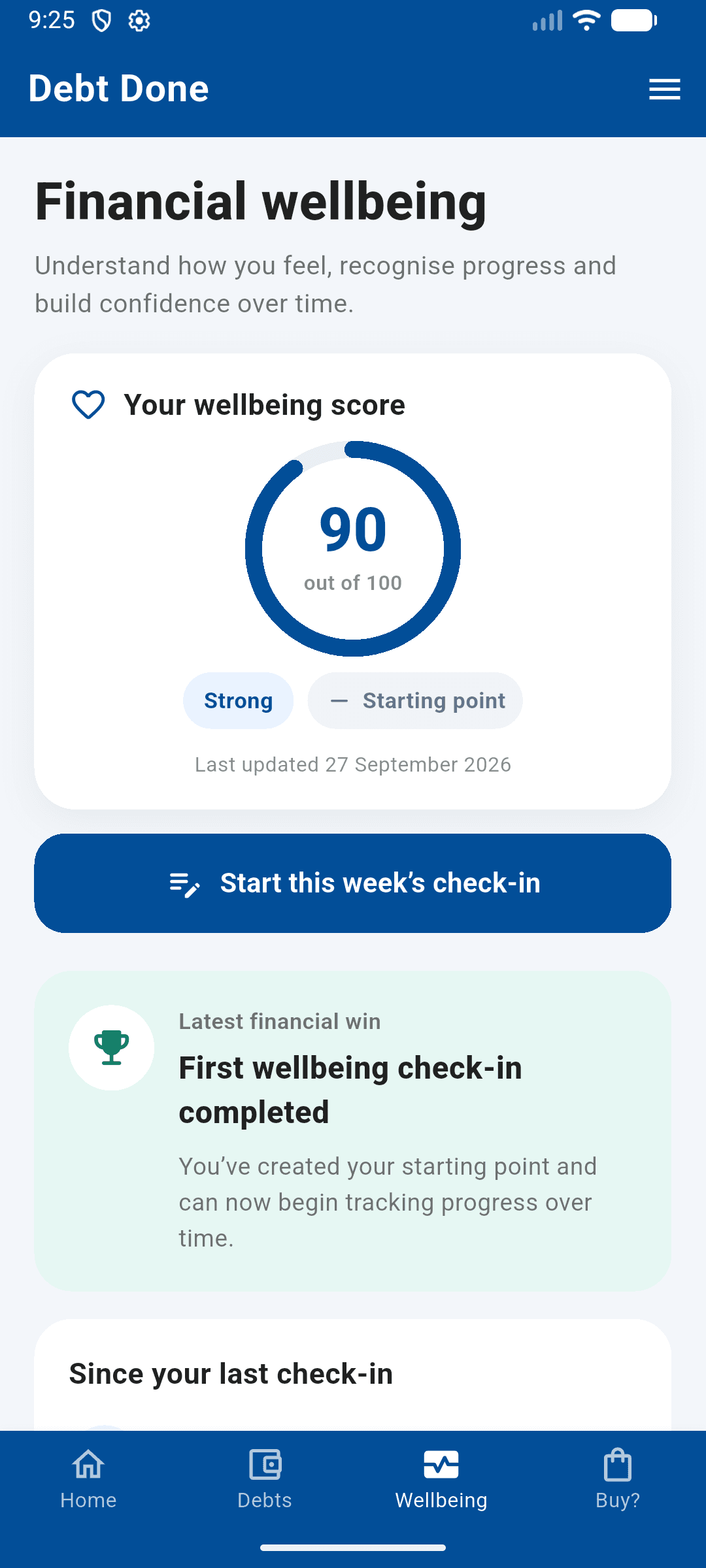 DebtDone Financial Wellbeing Check-in screen