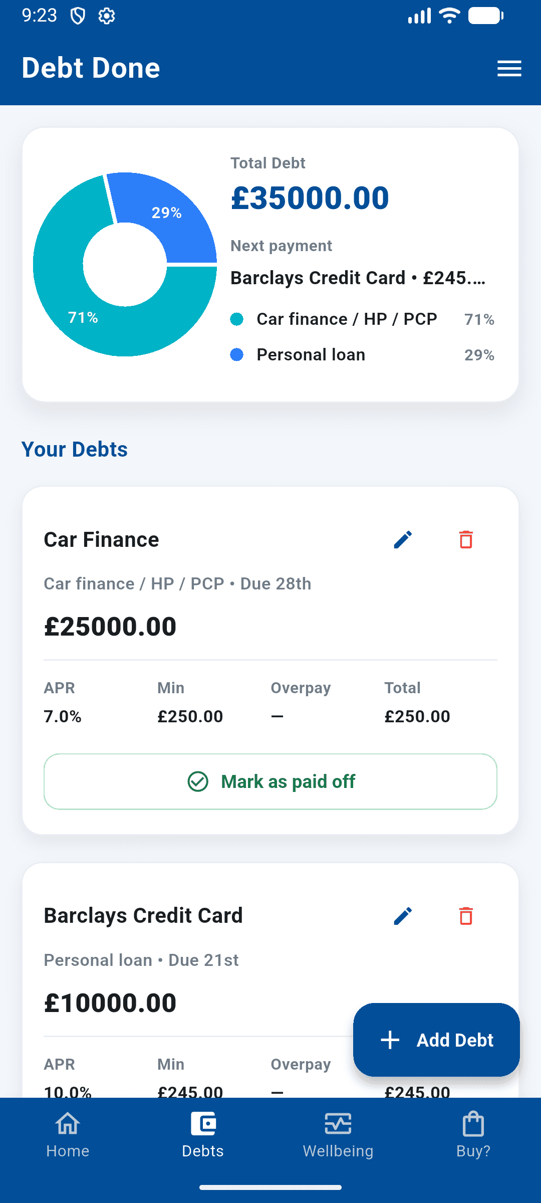 DebtDone dashboard showing debts, balances and progress
